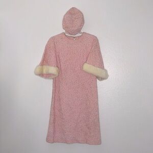 Vintage 50's 60' Penn Fifth Ave Pink Textured Weaved Short Sleeve Fur Trim Dress